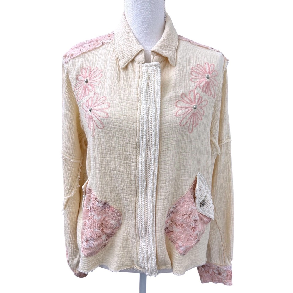POL Gauze Jacket Women Small Cream Pink Lace Floral Boho Zip Up